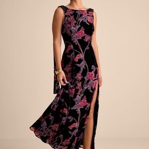 Lulus Liora Black Velvet Floral Burnout Boat Neck Sash Maxi Dress - Size S